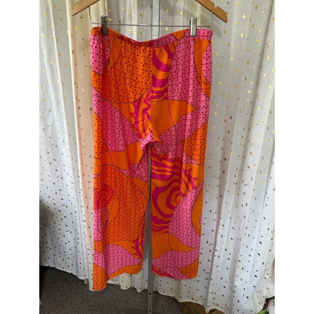 Manuhealii Hawaiian Geometric Pink Orange Elastic Waist Pull On Wide Leg Pants L - Picture 3 of 5